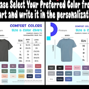 以下が含まれることがあります： 大人と若者向けのTシャツのサイズとカラーチャート。テキストは「このチャートからお好みの色を選択し、パーソナライゼーションボックスに記入してください」と表示されています。