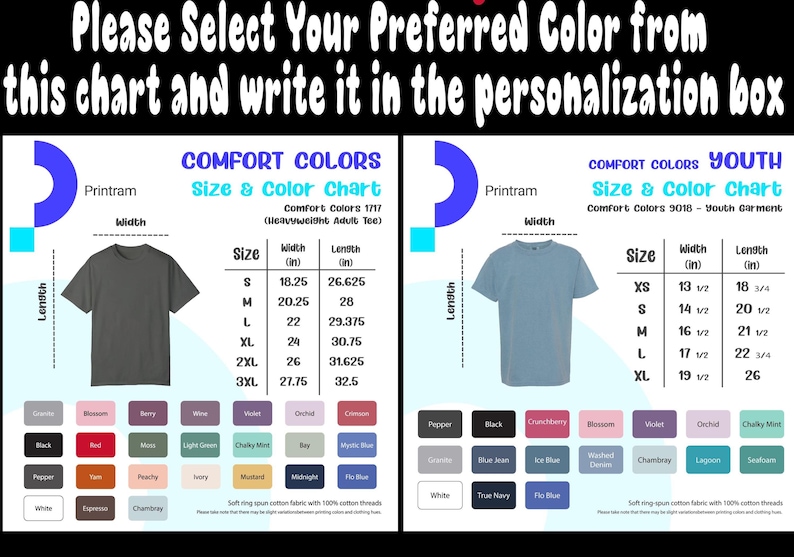 以下が含まれることがあります： 大人と若者向けのTシャツのサイズとカラーチャート。テキストは「このチャートからお好みの色を選択し、パーソナライゼーションボックスに記入してください」と表示されています。