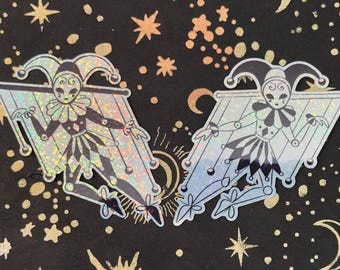 Harlequin holographic vinyl sticker | clowncore juggler aerial artist creepy cute design | jester sticker for laptops and notebooks
