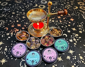 Räuchergefäß-Set | Kyphi Räucherritual-Geschenkset | 4 Räuchermischungen im ägyptischen Stil + Räuchergefäß aus Messing | Handgefertigtes Meditationsgeschenk