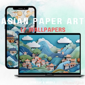 May include: A smartphone and laptop showcasing Asian-inspired paper art wallpapers. The digital art depicts a landscape with mountains, houses, and clouds in blue, green, and orange hues. Text reads "ASIAN PAPER ART 17 WALLPAPERS".