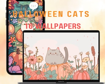 Kawaii Pumpkin Cat Phone Theme Wallpaper iOS Theme Android Theme Cute Halloween Fall Theme ipad Theme Autumn Tablet Decor Cozy Pumpkin