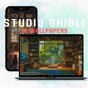 Studio Ghibli ispirato Desktop Laptop Phone Wallpaper MacBook Anime Whimsical Background Lofi Library Booklover PC Piante Computer Wallpaper