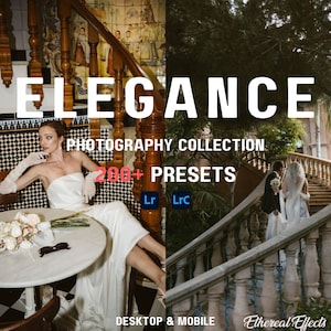 Może przedstawiać: Produkt cyfrowy dla fotografów z ponad 200 presetami do Lightroom i Lightroom Classic. Obraz przedstawia pannę młodą w białej sukni i pana młodego w garniturze idących po schodach. W obrazie widnieje tekst "Elegance Photography Collection 200+ Presets". W obrazie widnieje również tekst "Desktop & Mobile" i "Ethereal Effects".