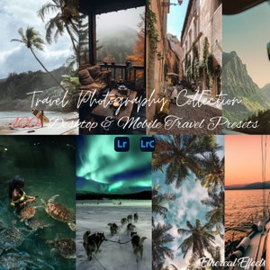 Puede incluir: Un collage de ajustes preestablecidos de fotografía de viajes para Lightroom y Lightroom Mobile. Los ajustes preestablecidos están diseñados para mejorar los colores y los tonos de tus fotos de viajes. La imagen incluye una variedad de destinos de viaje, como playas, montañas, ciudades y bosques. El texto "Travel Photography Collection 100+ Desktop & Mobile Travel Presets" se muestra en el centro de la imagen.