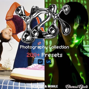 May include: A digital illustration of a silver, abstract shape with the text "Y2K Photography Collection 200+ Presets Lr Lrc DESKTOP & MOBILE Ethereal Effects" in a pixelated font.