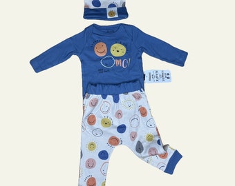 Blue Skies Smiley - Cozy Turkish-Made Baby Bodysuit, Leggings & Beanie Set