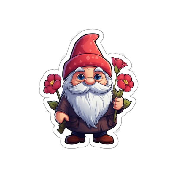 Sticker - Gnome with Flowers - Playful Valentine's Day Novelty - Cute Vinyl Kiss-Cut Sticker - Festive Heartwarming Adorable Love Decal