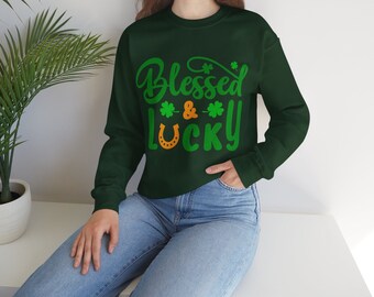 Blessed & Lucky Sweat-shirt | Sweatshirt à col rond unisexe | Saint-Patrick's day
