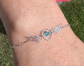 Memorial Bracelet, Angel Wing Bracelet, Memorial Jewelry, Personalized Double Angel Wing Birthstone Bracelet, Personalized Memorial Jewelry