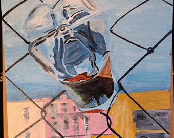 Bottle stuck in wire fence original painting