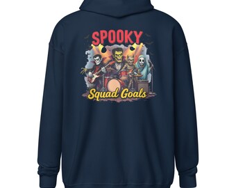Könnte beinhalten: Marineblauer Kapuzenpullover mit einem Aufdruck einer gruseligen Band, darunter ein Vampir, ein Zombie, ein Skelett und ein Geist, mit den Worten "SPOOKY Squad Goals". Das Design ist in Rot und Gelb gehalten. Der Pullover ist aus weichem Material.