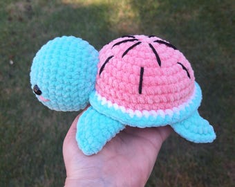 Crochet Watermelon Turtle Plushie, Chenille Amigurumi Toy