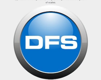 Puede incluir: Un círculo azul con el texto "DFS" en blanco, rodeado por un anillo plateado. El texto "DFS SOFTWARE FOR 500 RANGE SCALES" está por encima del círculo. El texto "Application of configuration, design, management and integration of scales." está debajo del círculo. Cuatro capturas de pantalla de una pantalla de ordenador están debajo del texto.