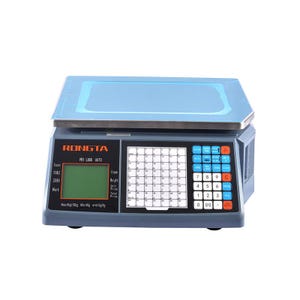 May include: A digital food scale with a blue top and a gray base. The scale has a display screen, a keypad with number buttons, and the text "RONGTA" and "PRI LOCK AUTO". The scale can measure up to 15kg.