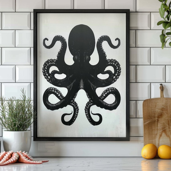 Noir Octopus Art Print - Black and White Marine Life Illustration - Modern Ocean Decor - Minimalist Sea Creature Poster