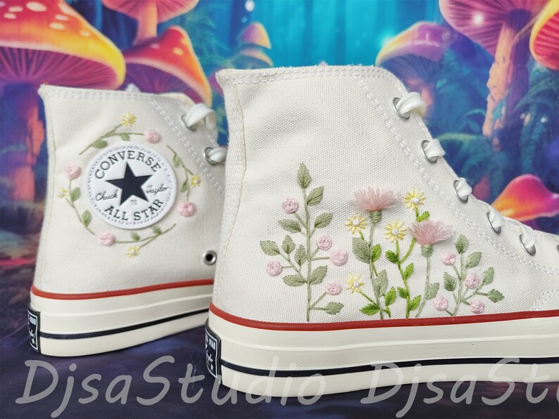 Converse High Neck Embroidery Floral Embroidery Wedding Shoes/converse