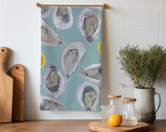 Colorful Coastal Tea Towels with Oysters & Lemons – Tiffany Blue- Beach House Kitchen Décor