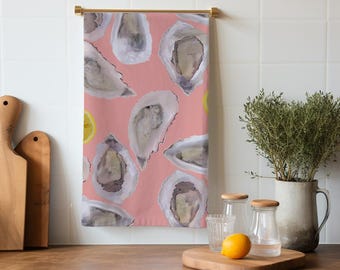 Colorful Coastal Tea Towels with Oysters & Lemons – Pink Lemonade- Beach House Kitchen Décor
