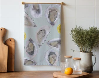 Colorful Coastal Tea Towels with Oysters & Lemons – Sky Blue- Beach House Kitchen Décor