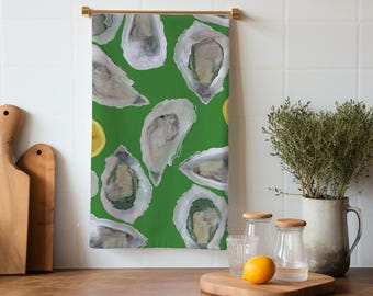 Colorful Coastal Tea Towels with Oysters & Lemons – Kelly Green- Beach House Kitchen Décor