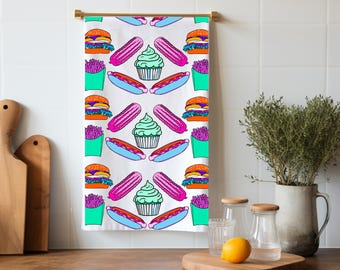 Cute Junk Food Tea Towel - Colorful Kitchen Towel with Snacks - 17"x26" - Organic Cotton Hemp or Pebble Canvas - Fun and Functional Kitch...