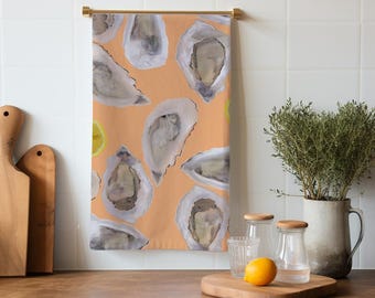 Colorful Coastal Tea Towels with Oysters & Lemons – Peach- Beach House Kitchen Décor