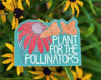 Pegatina "Planta para los polinizadores" / Calcomanía de vinilo con estampado de flores y mariposas autóctonas