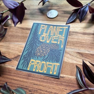 May include: A rectangular sticker with the words "PLANET OVER PROFIT" in yellow lettering. The sticker has a teal background with a pine tree and pine cone illustration. The sticker is on a wooden surface.