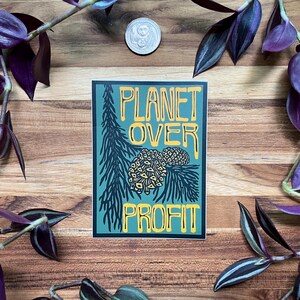 May include: A rectangular sticker with the text "PLANET OVER PROFIT" in yellow and white. The sticker features a teal background with a pine tree and pine cone design. The sticker is surrounded by purple and green plants and a coin.