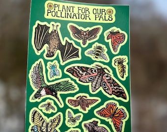 Hoja de pegatinas "Amigos de los polinizadores" / calcomanía de vinilo con estampado de abejas, mariposas e insectos nativos