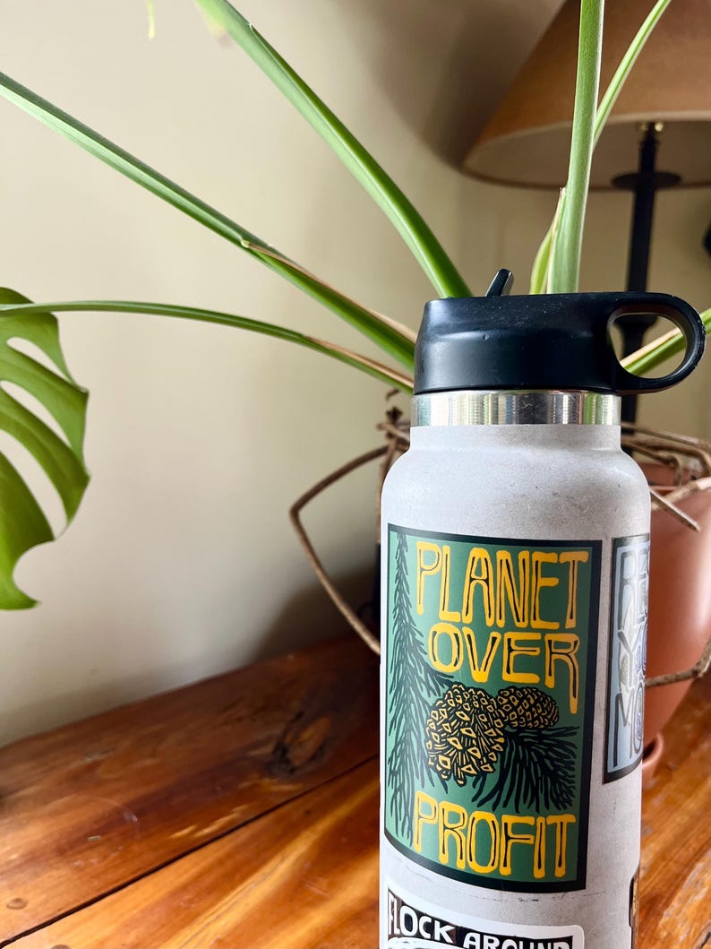 May include: A light gray water bottle with a black lid. The bottle has a sticker that reads "PLANET OVER PROFIT" in green and yellow. A green plant is in the background.
