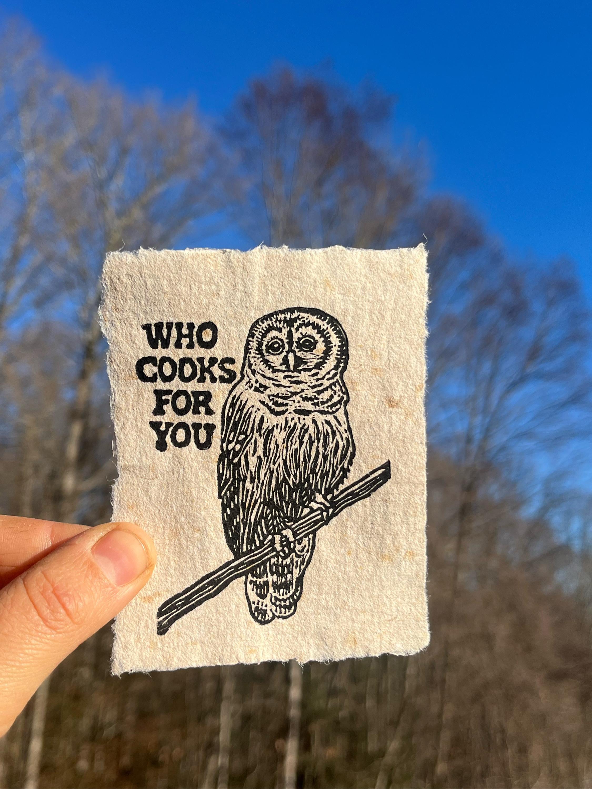 Barred Owl Linocut Mini Print: Who Cooks For You