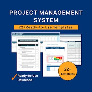 Pode incluir: Gráfico azul escuro com as palavras "PROJECT MANAGEMENT SYSTEM" em branco. Abaixo, diz "22+ Ready-to-Use Templates". A imagem mostra vários modelos, incluindo uma lista de verificação e um gráfico de gerenciamento de riscos. Um círculo diz "22+ Templates."