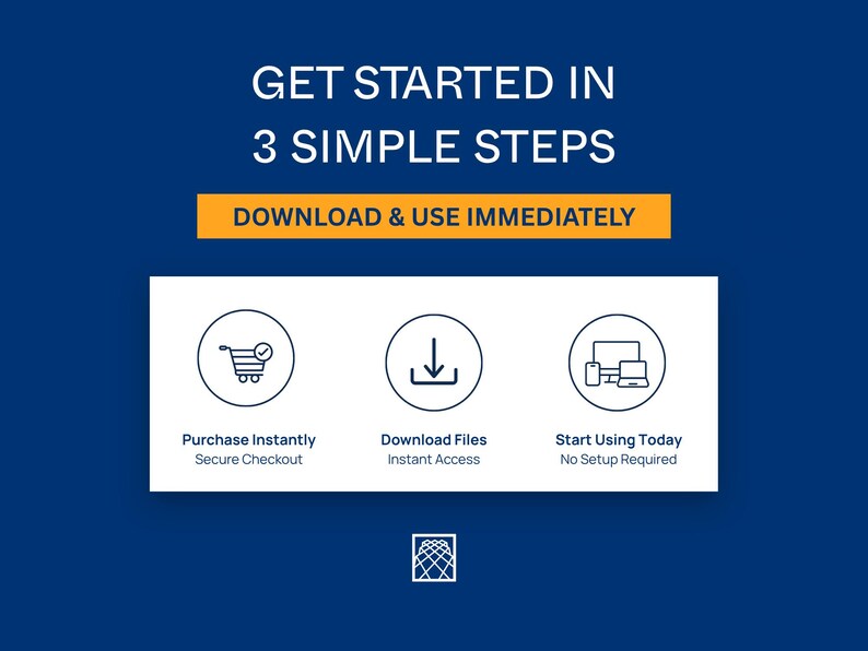 May include: A dark blue graphic with white text reading GET STARTED IN 3 SIMPLE STEPS and DOWNLOAD & USE IMMEDIATELY. A white rectangle contains three circular icons representing a shopping cart, a download arrow, and computer devices.