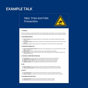 May include: A white informational poster titled Slips, Trips and Falls Prevention with a yellow triangular warning icon featuring a black silhouette of a person slipping. The document outlines safety purposes, key points, hazards, and work practices.