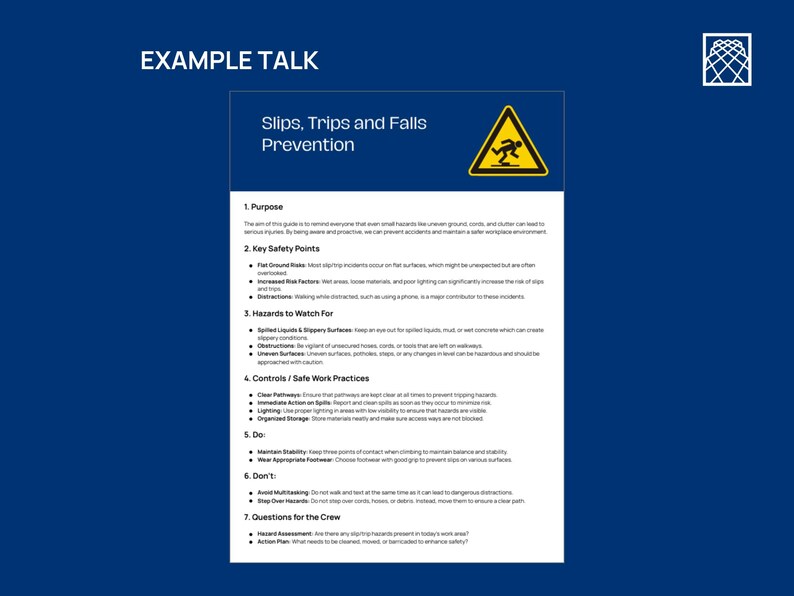 May include: A white informational poster titled Slips, Trips and Falls Prevention with a yellow triangular warning icon featuring a black silhouette of a person slipping. The document outlines safety purposes, key points, hazards, and work practices.