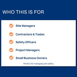 May include: A white rectangular graphic on a dark blue background with the text WHO THIS IS FOR. Below are five bullet points with orange checkmarks listing Site Managers, Contractors & Trades, Safety Officers, Project Managers, and Small Business Owners.