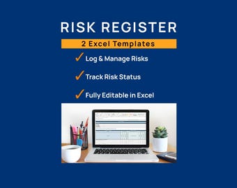 May include: A blue graphic with the text "RISK REGISTER" and "2 Excel Templates." The image shows a laptop displaying an Excel spreadsheet, with the text "Log & Manage Risks," "Track Risk Status," and "Fully Editable in Excel."