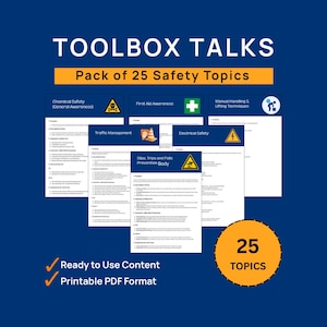 Può includere: Grafica blu scuro con il testo "TOOLBOX TALKS" e "Pack of 25 Safety Topics". L'immagine include icone e documenti relativi agli argomenti di sicurezza. È visibile anche il testo "Contenuto pronto all'uso" e "Formato PDF stampabile".