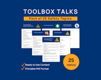 May include: A dark blue graphic with the text "TOOLBOX TALKS" and "Pack of 25 Safety Topics." The image includes safety topic icons and documents. The text "Ready to Use Content" and "Printable PDF Format" are also visible.