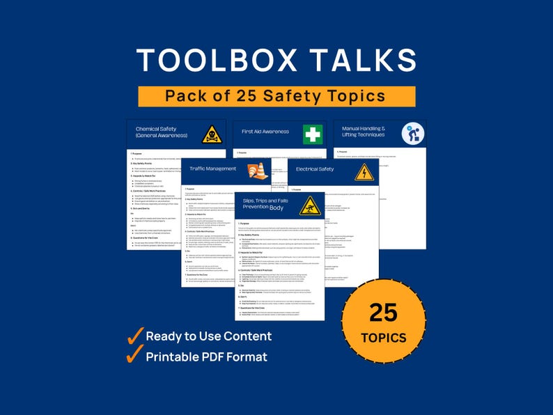 Safety Topic Format 25 Safety Toolbox Talks Pack | Site Safety Meeting Topic Ideas for ...