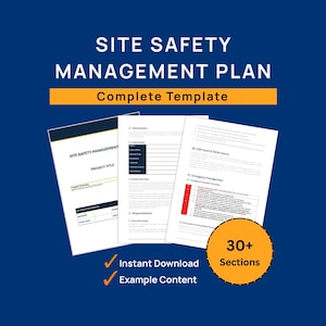Peut inclure: Un modèle complet de plan de gestion de la sécurité du site avec le texte "SITE SAFETY MANAGEMENT PLAN" et "Complete Template". L'image montre plusieurs pages avec le texte "Instant Download" et "Example Content" et un cercle avec "30+ Sections".