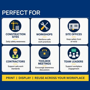 May include: A navy blue graphic with white text and icons, promoting workplace safety. The text reads "PERFECT FOR" above six illustrated categories: Construction Sites, Workshops, Site Offices, Contractors, Toolbox Meetings, and Team Leaders. The bottom text says "PRINT | DISPLAY | REUSE ACROSS YOUR WORKPLACE."
