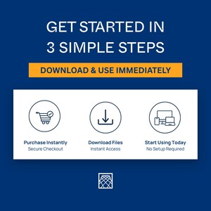 May include: A graphic with the text "GET STARTED IN 3 SIMPLE STEPS" on a dark blue background. The steps are represented by icons: a shopping cart, a download arrow, and a computer. Text below each icon describes the action.