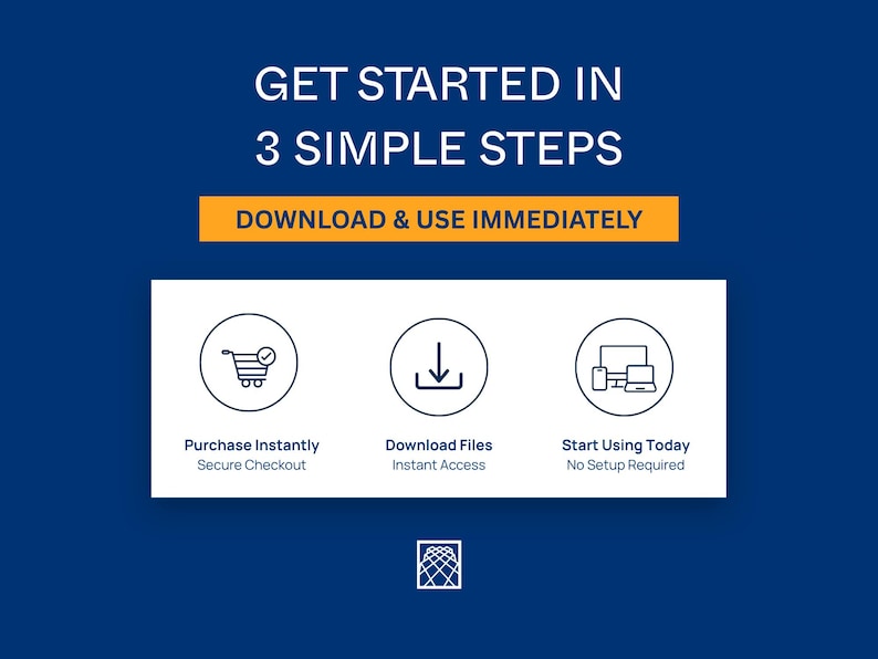 May include: A graphic with the text "GET STARTED IN 3 SIMPLE STEPS" on a dark blue background. The steps are represented by icons: a shopping cart, a download arrow, and a computer. Text below each icon describes the action.