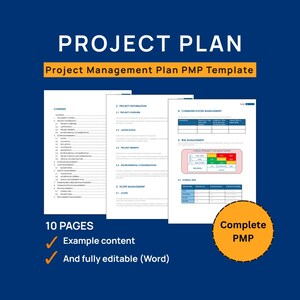 May include: A project plan template with the title "PROJECT PLAN" and "Project Management Plan PMP Template" on a dark blue background. The plan includes 10 pages of example content, fully editable in Word, and is labeled as a "Complete PMP".