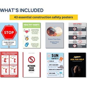 May include: A collection of 43 essential construction safety posters. The posters cover topics like healthy habits, sun safety, and fire extinguisher use. Each poster has a unique design with text and illustrations.