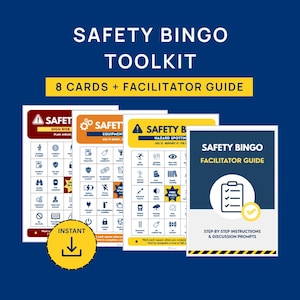 Puede incluir: Un kit de herramientas de Safety Bingo con 8 tarjetas y una guía del facilitador. Las tarjetas son blancas con varios iconos y texto relacionados con la seguridad. La guía del facilitador es azul marino y blanca. Incluye el texto "Safety Bingo Toolkit".