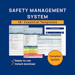 Könnte beinhalten: Ein Bild, das ein "SAFETY MANAGEMENT SYSTEM" mit "18+ Essential Templates" bewirbt. Das Bild zeigt verschiedene Dokumentvorlagen, ein "Complete System"-Abzeichen und den Text "Ready-to-use" und "Instant download" vor dunklem Hintergrund.